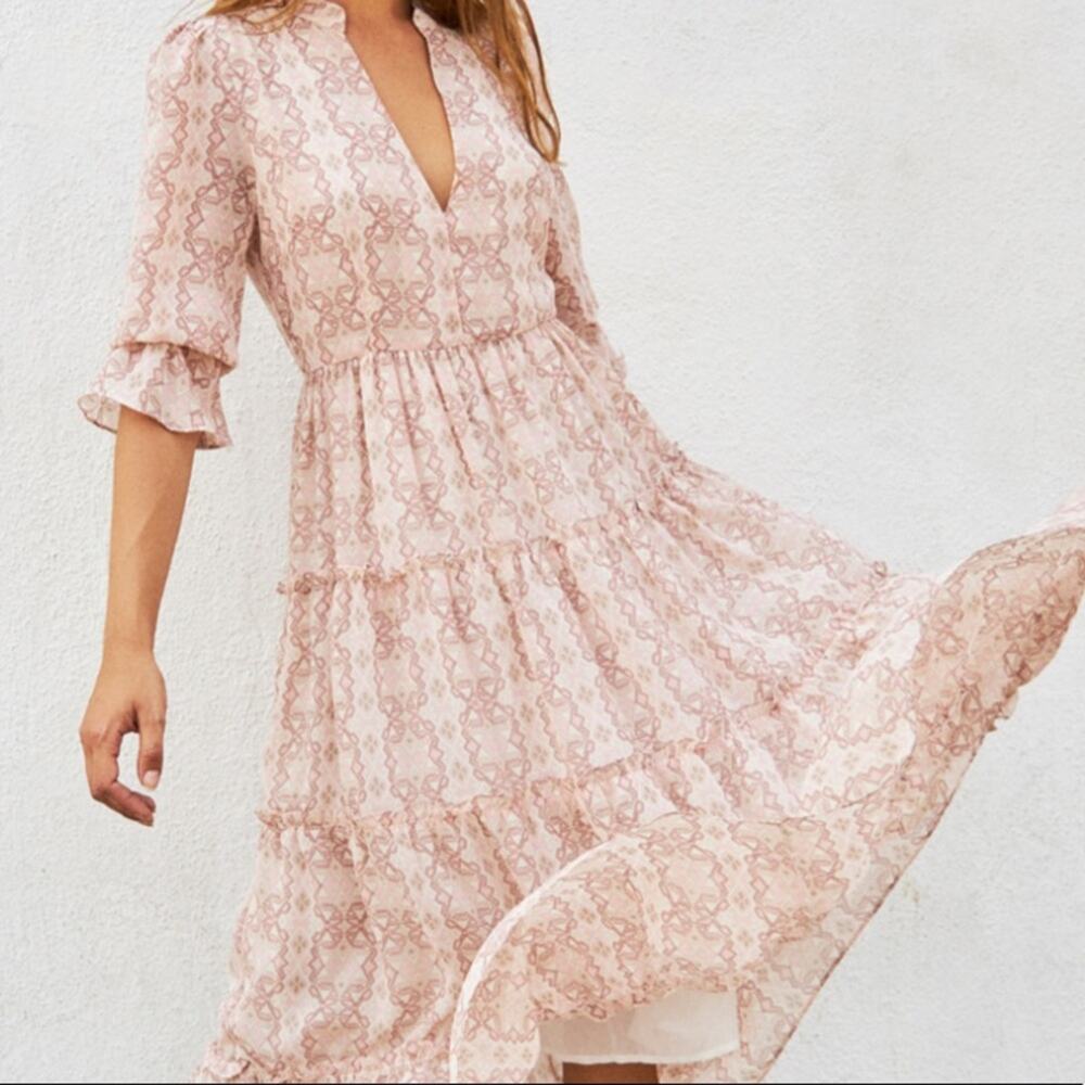 Elan Chania Pink Aztec Print Tiered Maxi Dress NWT Small